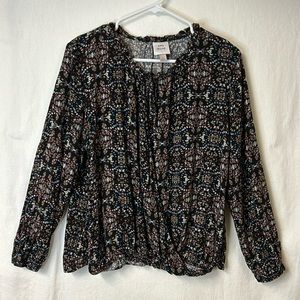 Knox Rose Women’s Tunic Top Sz L Peasant Style Black Print Tie Neck Wrap Front